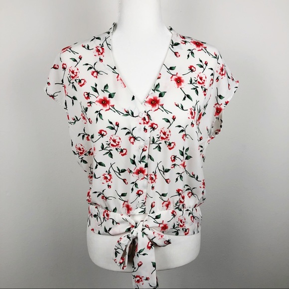 Triple Seven Button Up Front Tie Floral Blouse Large Cap Sleeves - Picture 1 of 14